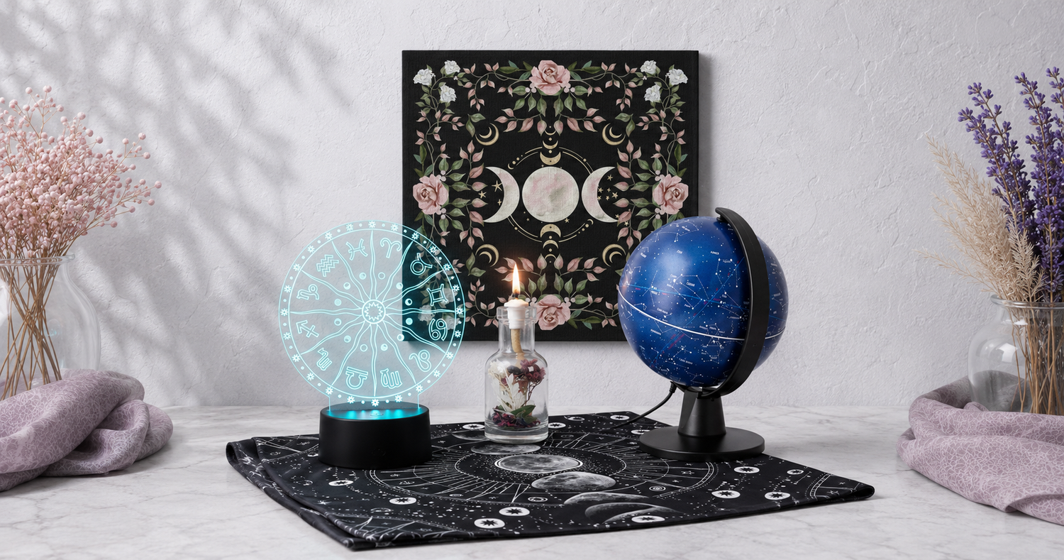 Astrology and elemental décor collection featuring a glowing zodiac lamp, constellation globe, botanical oil candle, celestial wall art, moon phase altar cloth, and cool-toned studio accents — for Carpe Diem Dream
