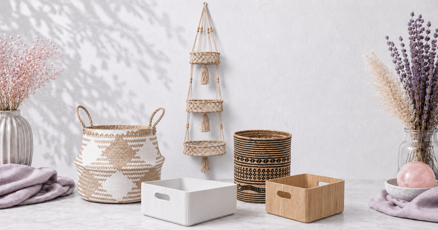 Baskets and bins collection featuring a triple-tier macrame wall basket, woven seagrass storage baskets, and white and natural ribbed bins in a bright CDD Studio Botanical setting. — for Carpe Diem Dream