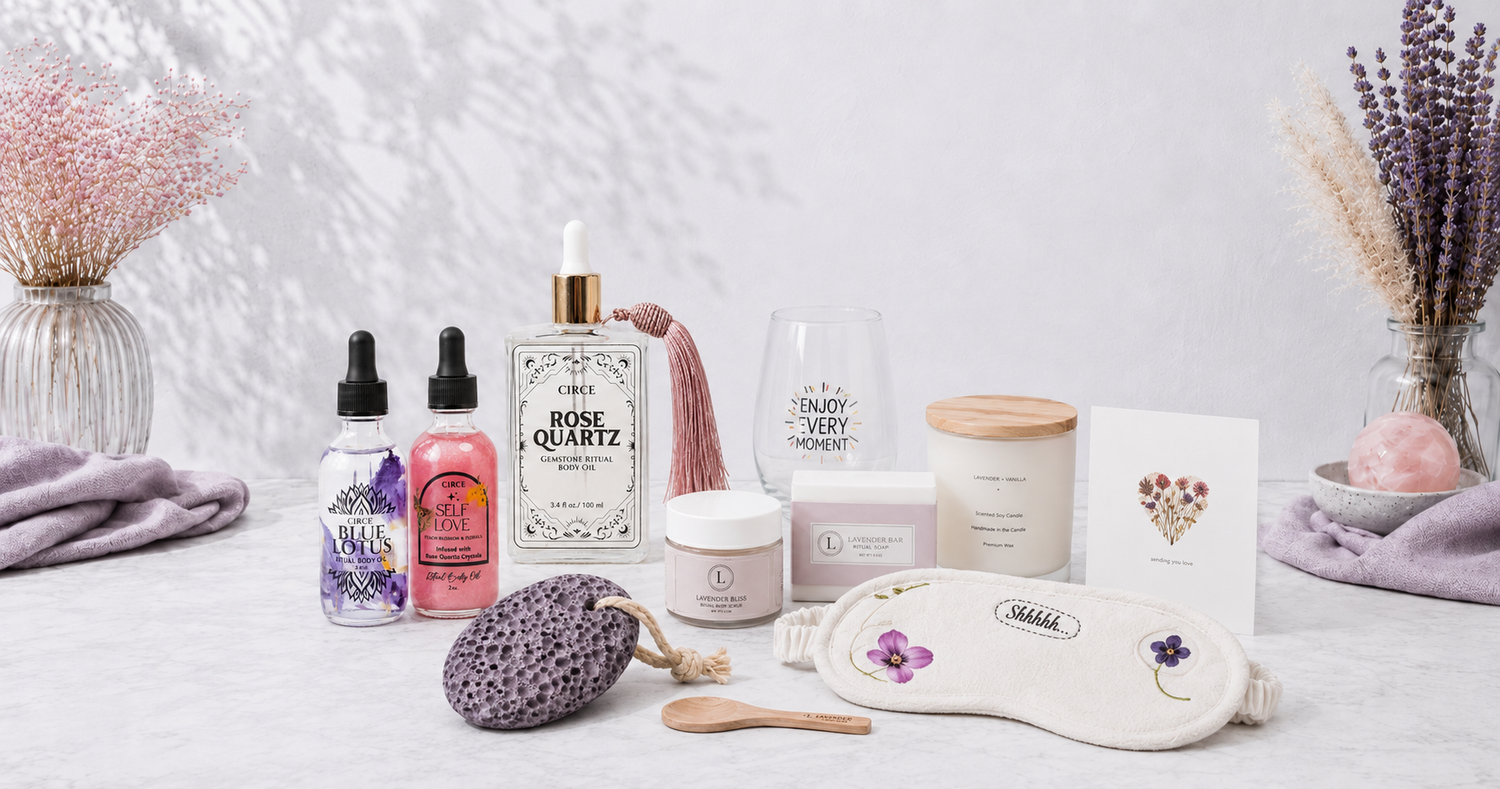 Bath rituals and soaks collection featuring ritual body oils, a purple lava pumice stone, and a calming spa gift set in a bright CDD Studio Botanical setting. — for Carpe Diem Dream