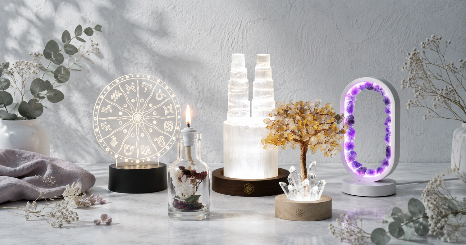 Candles and ambient lighting collection featuring a citrine crystal tree lamp, selenite tower lamp, amethyst portal lamp, Balance candle, and botanical oil candle in a bright CDD Studio Botanical setting. — for Carpe Diem Dream