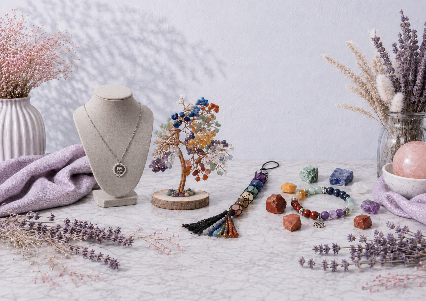 Chakra Balance & Wellness collection banner featuring a gemstone chakra tree, root chakra necklace, chakra tassel, crystal bracelet, polished stones, and soft lavender botanical accents in a serene studio setting. — for Carpe Diem Dream