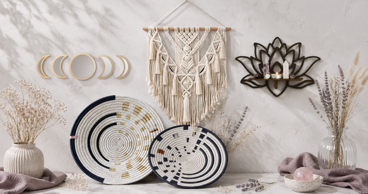 Inspirational Wall Art collection featuring a moon phase mirror set, lotus wall shelf, macrame wall hanging, and woven wall baskets in a bright botanical studio setting. — for Carpe Diem Dream