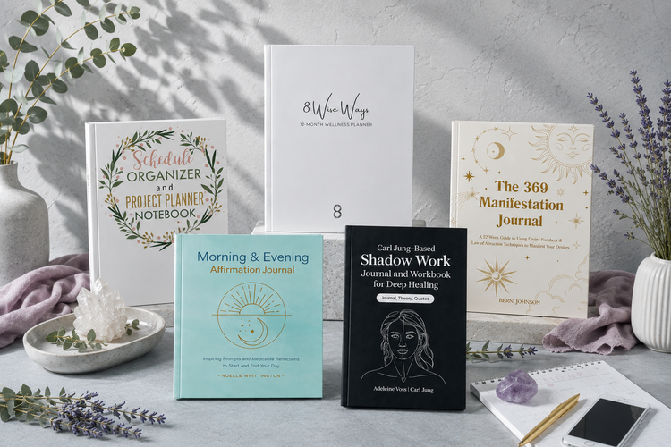 Journals & Planners collection featuring wellness, manifestation, affirmation, shadow work, and project-planning journals in a cool botanical studio setting. — for Carpe Diem Dream