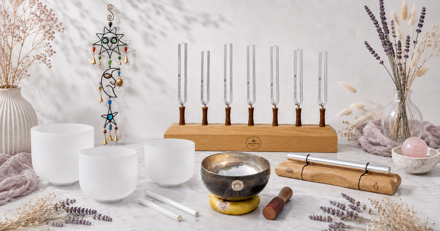 Sound Healing Tools & Instruments collection featuring tuning forks, crystal singing bowls, a metal singing bowl, energy chime, and celestial bell chime in a bright botanical studio. — for Carpe Diem Dream