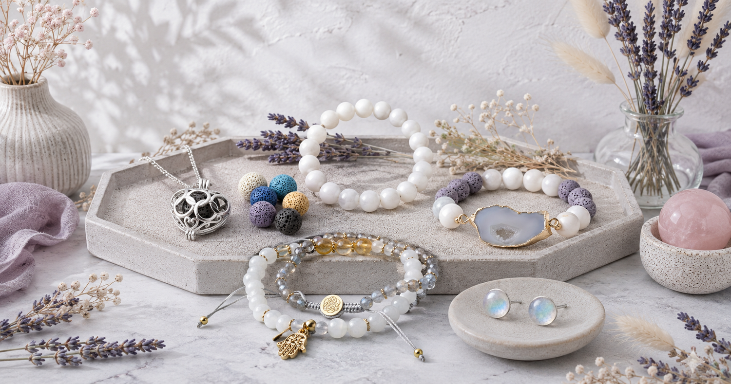 Inspirational Jewelry & Wearables collection featuring gemstone bracelets, an aromatherapy necklace, opal earrings, and a white beaded bracelet displayed with a sand tray. — for Carpe Diem Dream