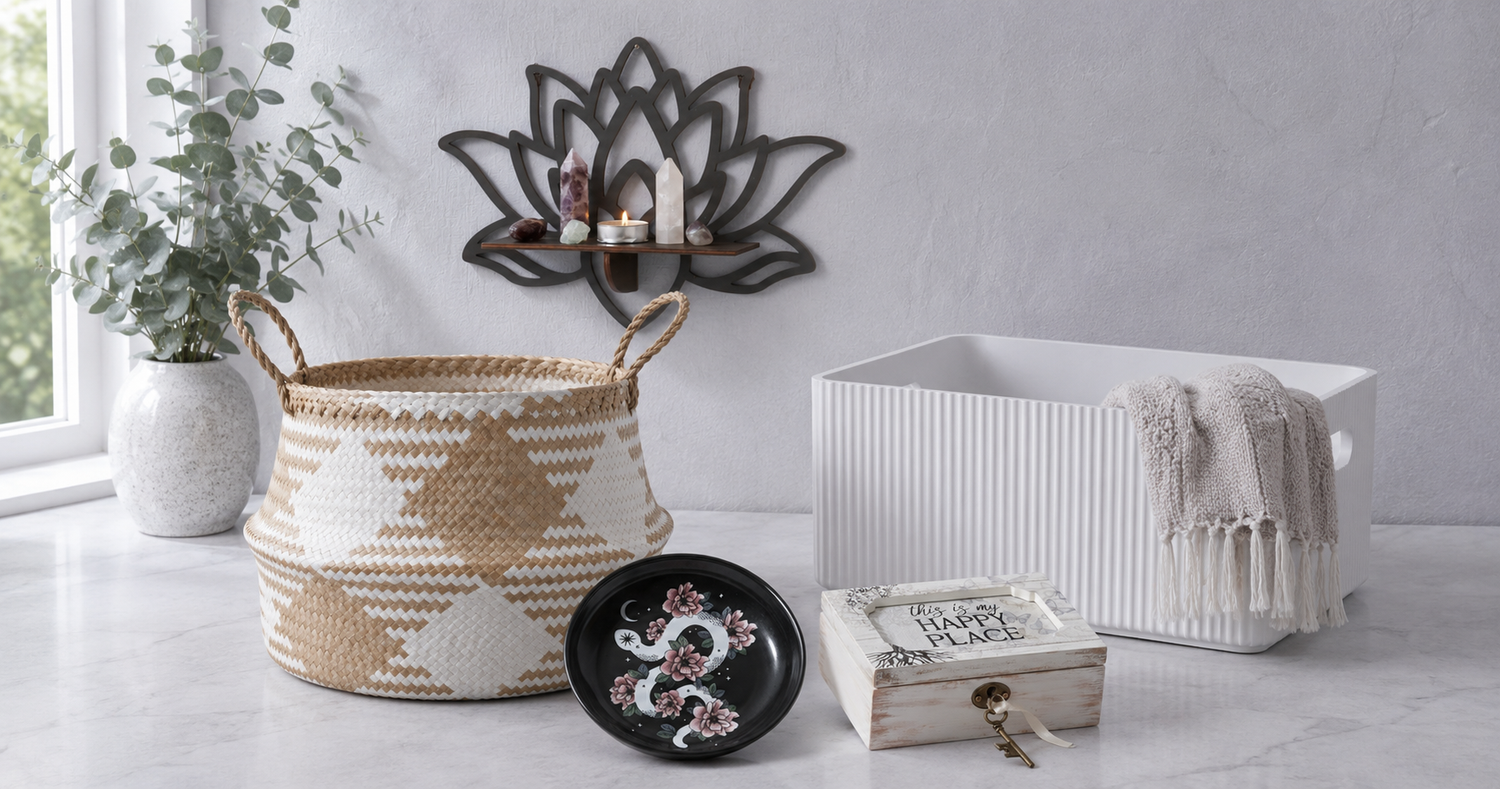 Home Organizing & Décor collection featuring woven storage baskets, a ribbed bin, trinket dish, keepsake box, and lotus wall shelf — for Carpe Diem Dream