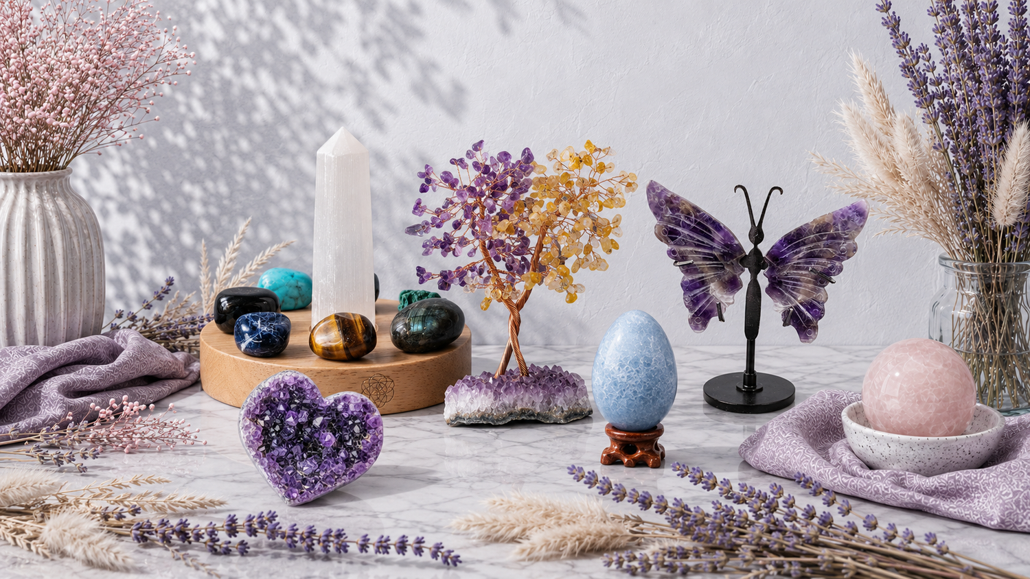 Crystals and gemstones collection featuring a selenite tower with polished stones, amethyst heart, gemstone tree, amethyst butterfly wings, and blue celestite egg in a bright botanical setting. — for Carpe Diem Dream
