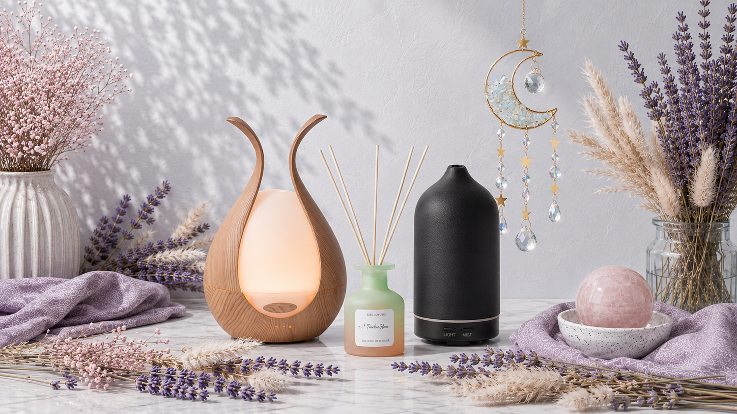 Diffusers and flow décor collection featuring ultrasonic and ceramic diffusers, a reed diffuser, and a crystal moon suncatcher in a bright botanical setting. — for Carpe Diem Dream