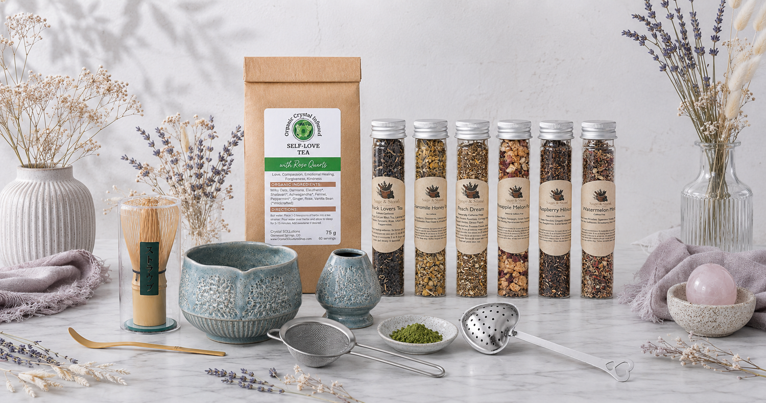 Here’s the Tea collection featuring Self-Love Tea, assorted loose-leaf tea tubes, a matcha whisk set, tea strainers, and a heart-handled infuser in a bright botanical studio setting. — for Carpe Diem Dream