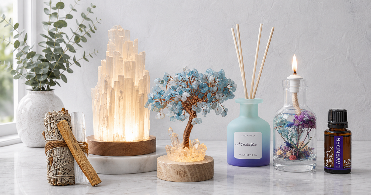 Make Scents & Ambiance collection featuring a selenite tower lamp, sage and palo santo bundle, aquamarine crystal tree lamp, reed diffuser, botanical oil candle, and lavender essential oil — for Carpe Diem Dream