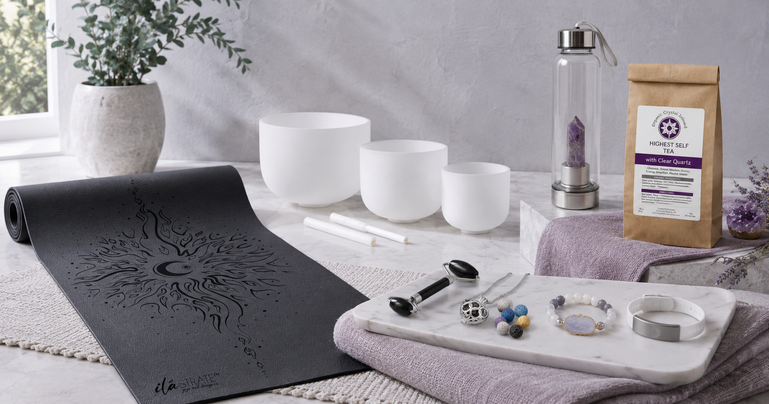 Personal Wellness & Self-Care collection featuring a yoga mat, crystal singing bowls, infused water bottle, tea, facial tools, aromatherapy jewelry, and wellness bracelets — for Carpe Diem Dream