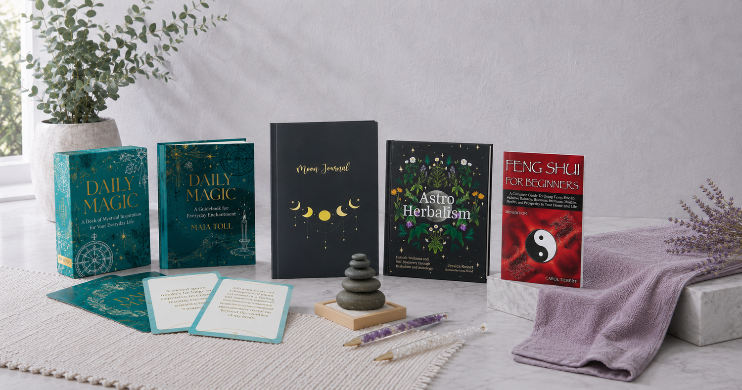 Read, Reflect & Manifest collection with journals, books, Daily Magic cards, crystal pens, and meditation stones in a cool botanical setting — for Carpe Diem Dream