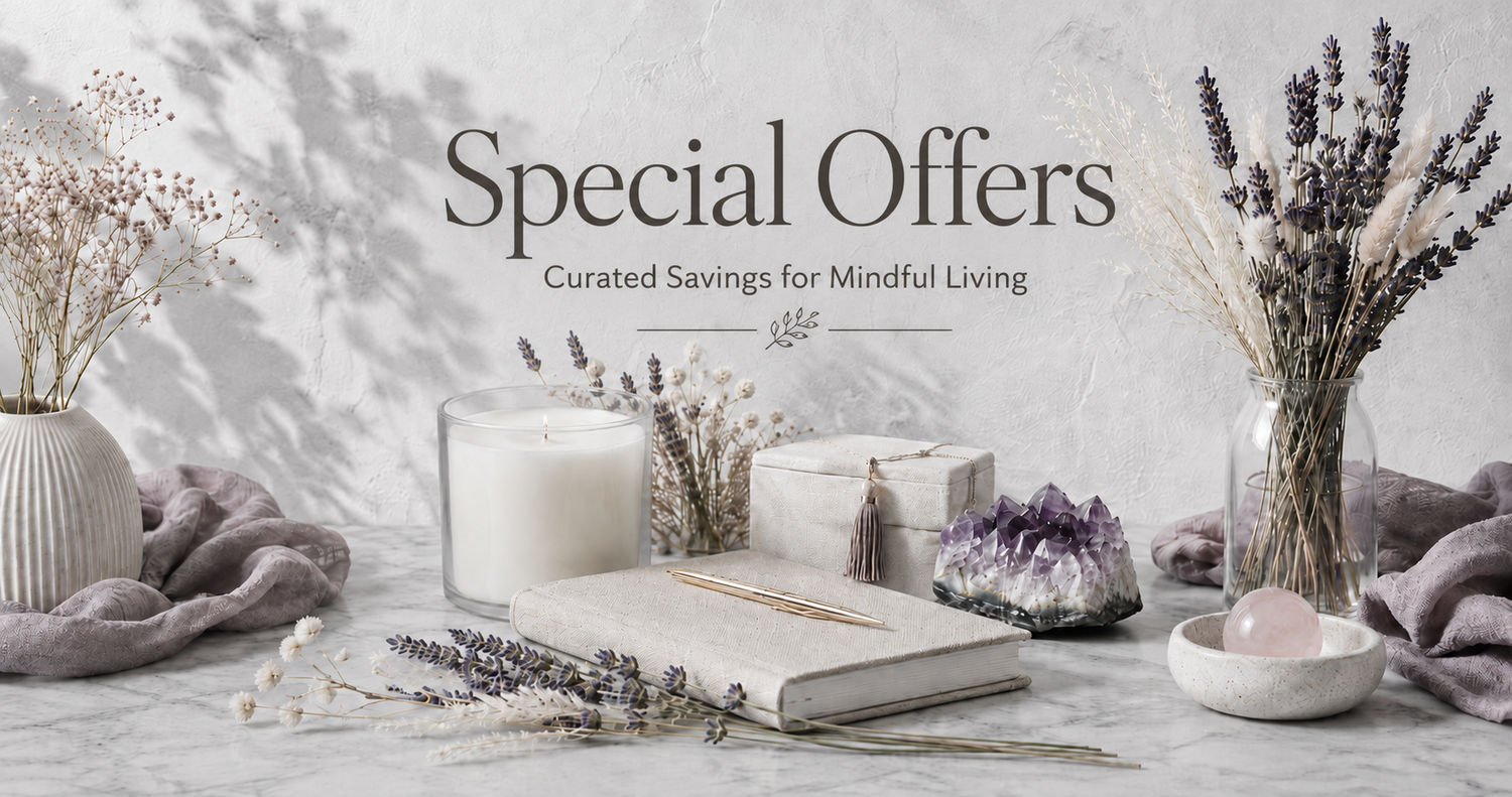 Special Offers collection featuring a journal, candle, amethyst décor, rose quartz, lavender, and curated gift accents — for Carpe Diem Dream