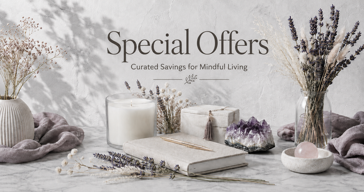 Special Offers collection featuring a journal, candle, amethyst décor, rose quartz, lavender, and curated gift accents — for Carpe Diem Dream