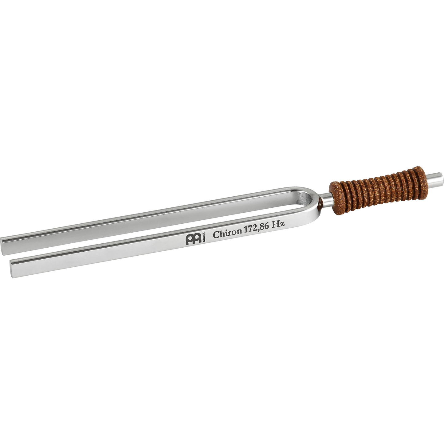 Single metal tuning fork with cork handle engraved Chiron 172.86 Hz shown on a white background. — for Carpe Diem Dream