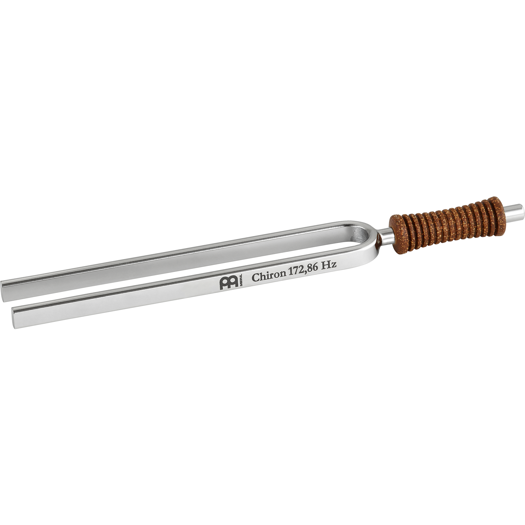 Single metal tuning fork with cork handle engraved Chiron 172.86 Hz shown on a white background. — for Carpe Diem Dream