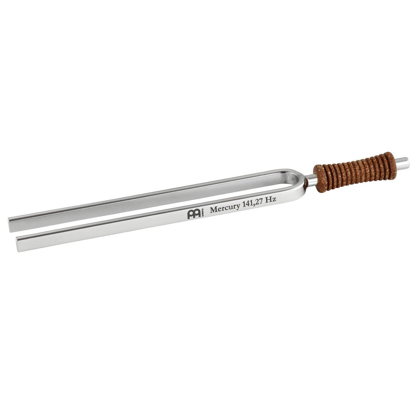 Single metal tuning fork with cork handle engraved Mercury 141.27 Hz shown on a white background. — for Carpe Diem Dream