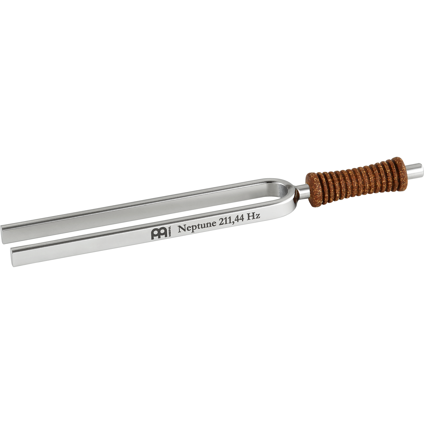 Single metal tuning fork with cork handle engraved Neptune 211.44 Hz shown on a white background. — for Carpe Diem Dream