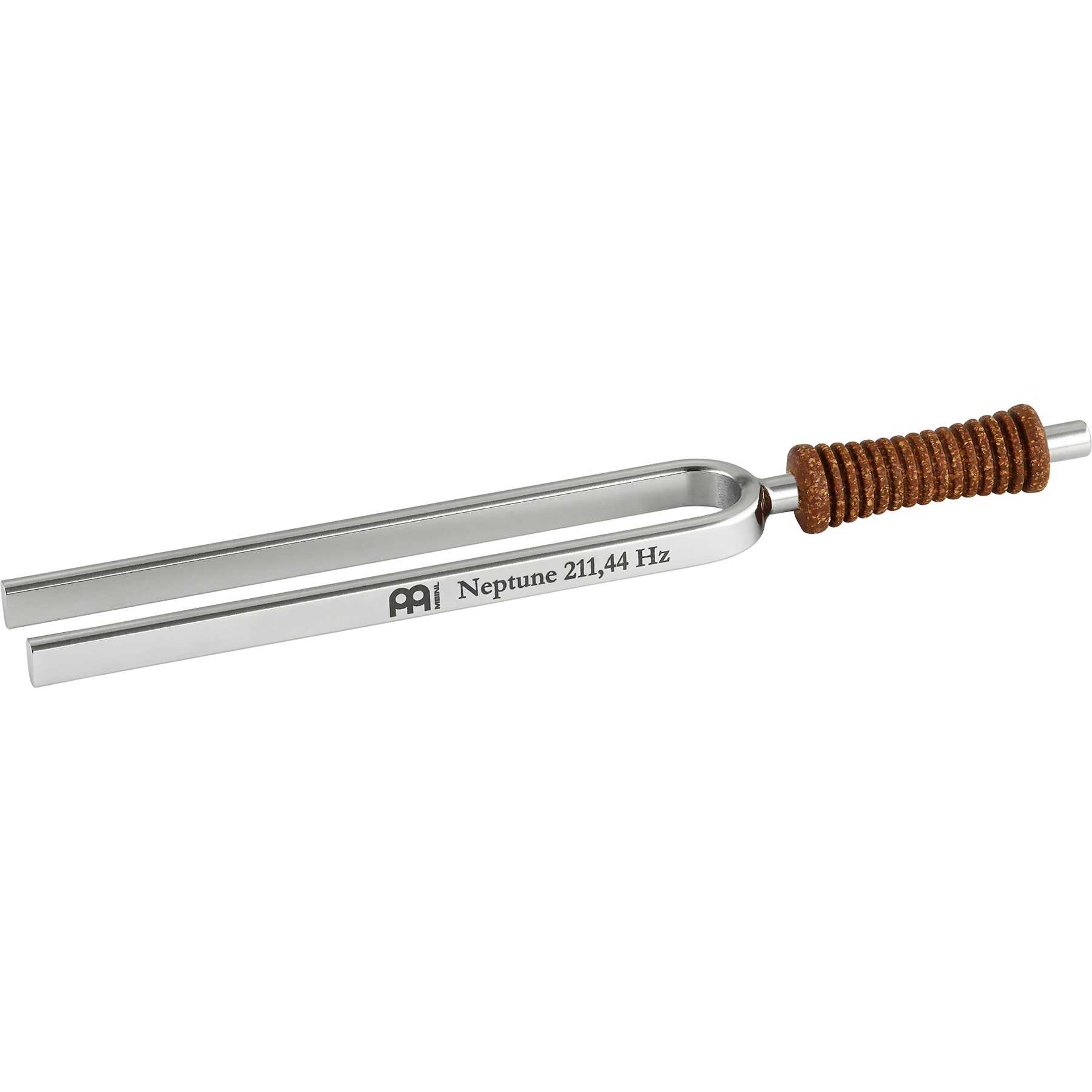 Single metal tuning fork with cork handle engraved Neptune 211.44 Hz shown on a white background. — for Carpe Diem Dream
