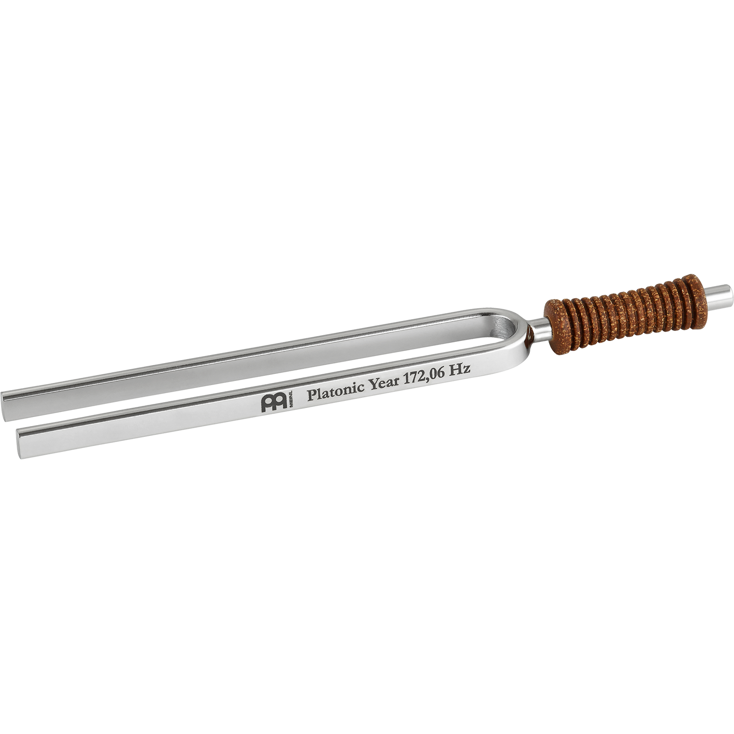 Single metal tuning fork with cork handle engraved Platonic Year 172.06 Hz shown on a white background. — for Carpe Diem Dream