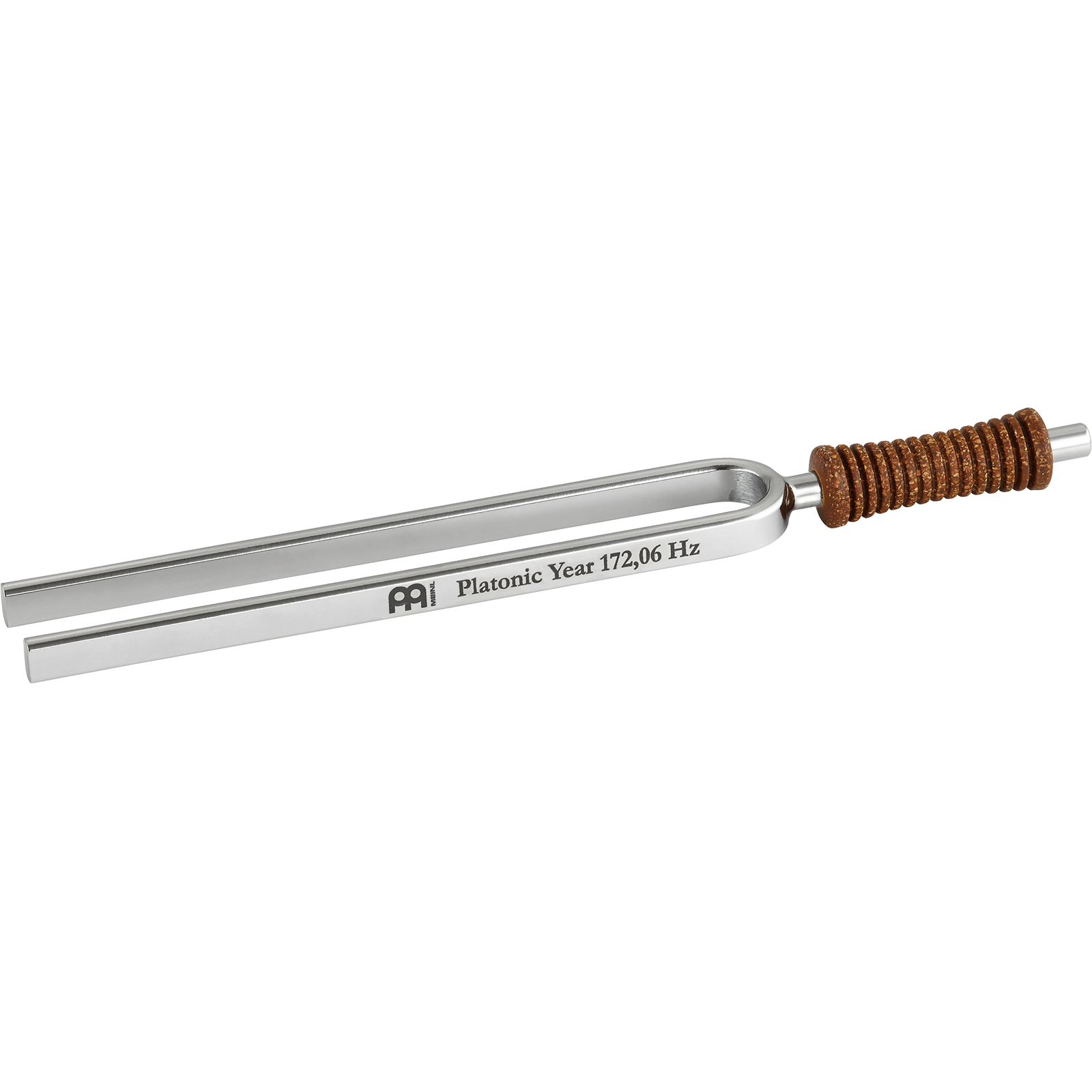 Single metal tuning fork with cork handle engraved Platonic Year 172.06 Hz shown on a white background. — for Carpe Diem Dream