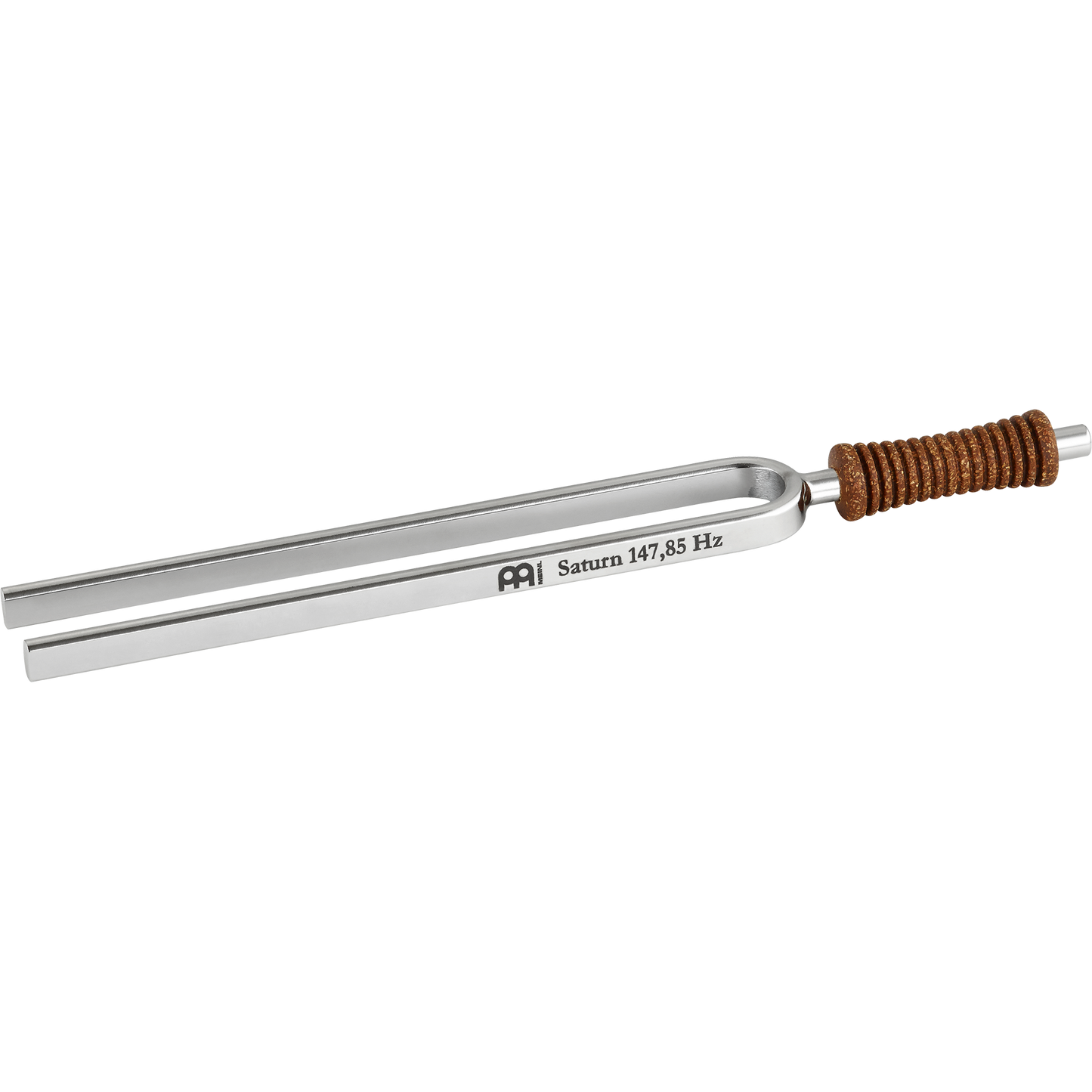 Single metal tuning fork with cork handle engraved Saturn 147.85 Hz shown on a white background. — for Carpe Diem Dream