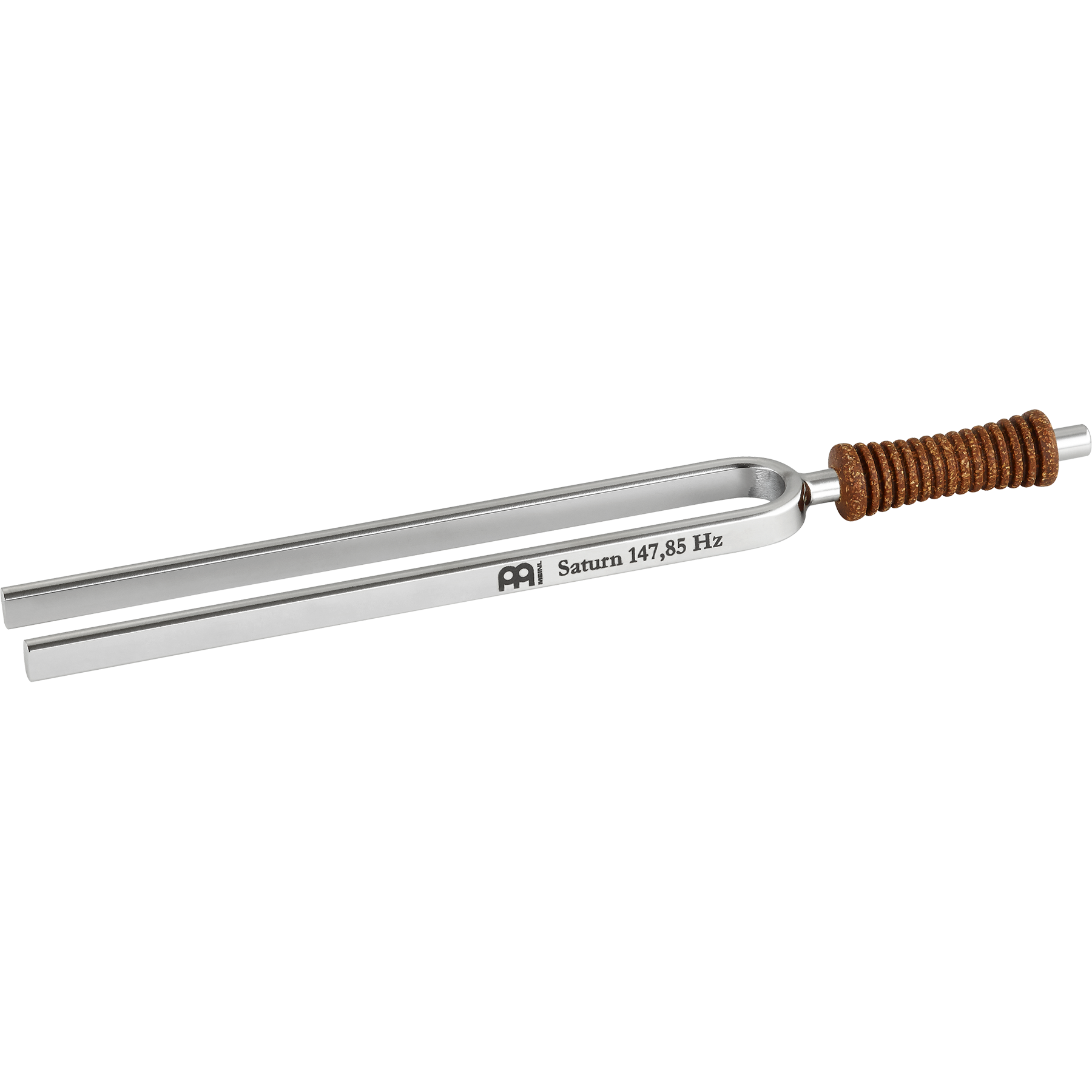 Single metal tuning fork with cork handle engraved Saturn 147.85 Hz shown on a white background. — for Carpe Diem Dream