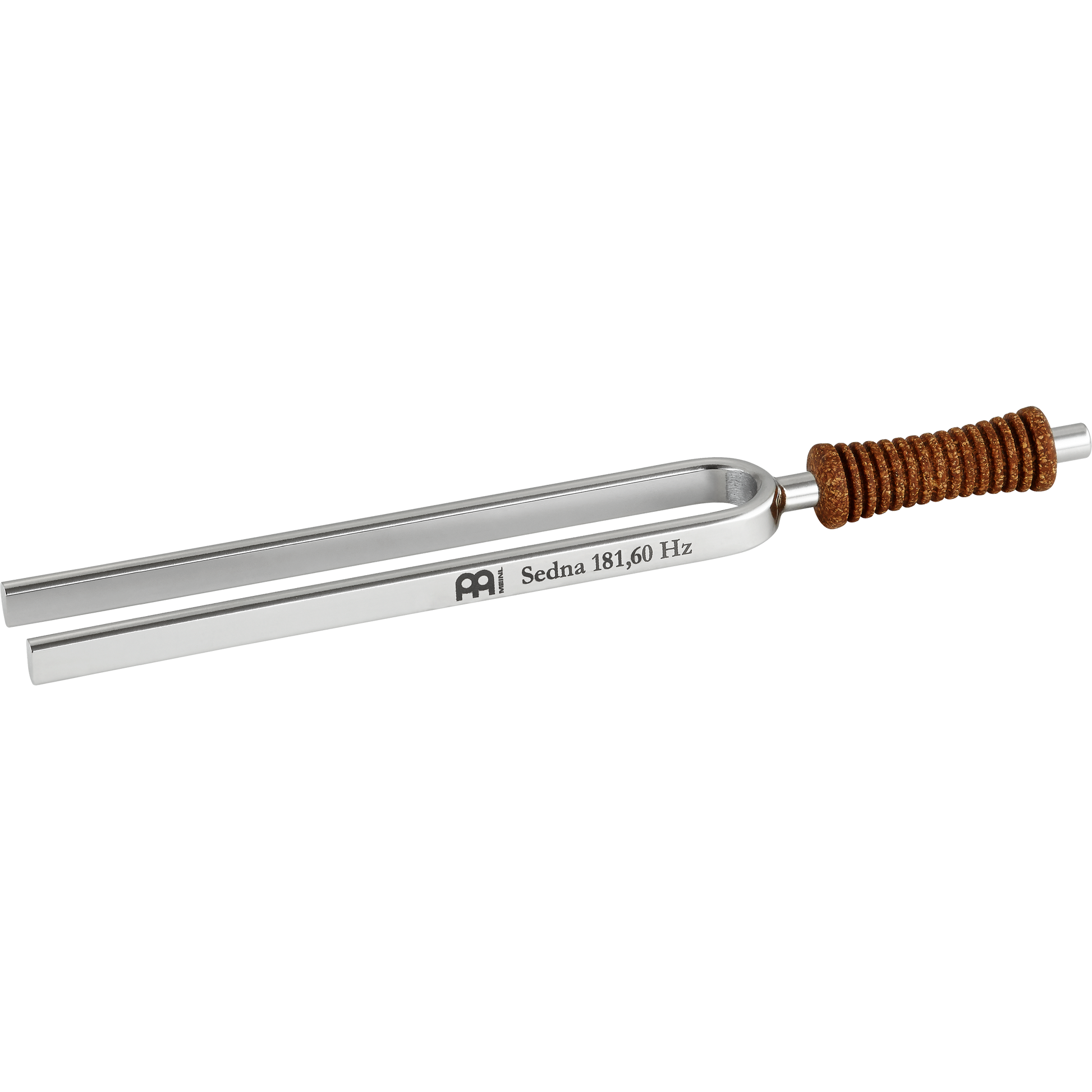 Single metal tuning fork with cork handle engraved Sedna 181.60 Hz shown on a white background. — for Carpe Diem Dream
