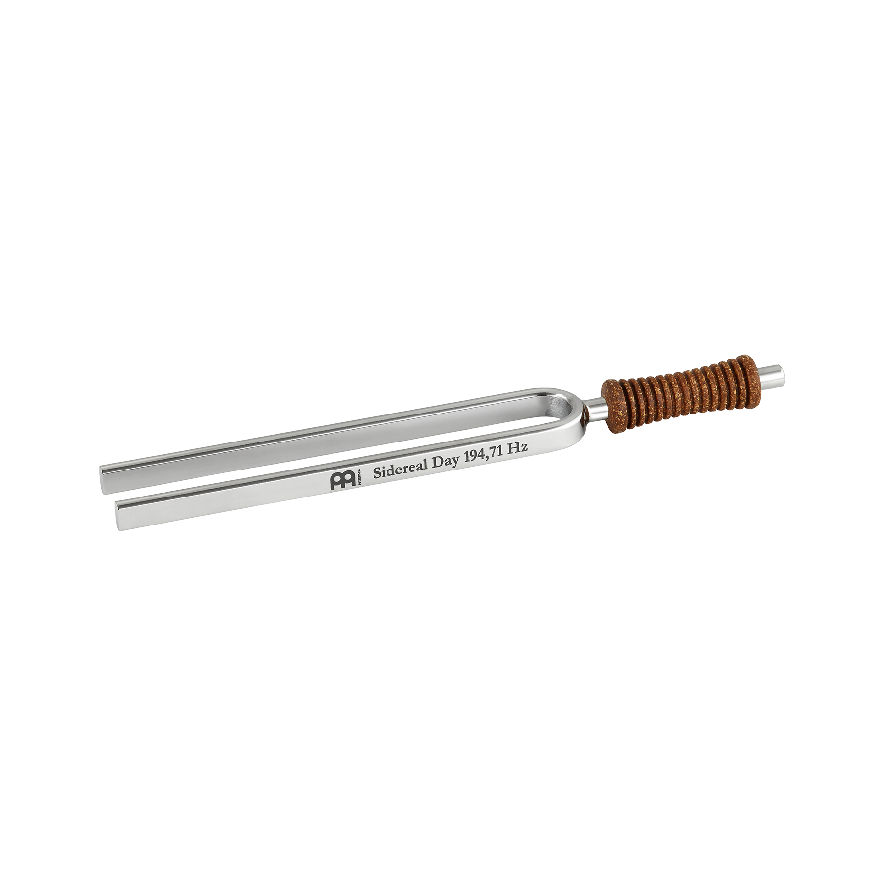 Single metal tuning fork with cork handle engraved Sidereal Day 194.71 Hz shown on a white background. — for Carpe Diem Dream
