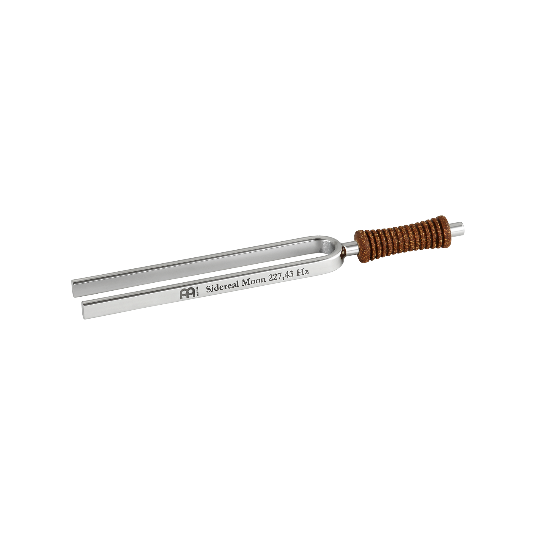 Single metal tuning fork with cork handle engraved Sidereal Moon 227.43 Hz shown on a white background. — for Carpe Diem Dream