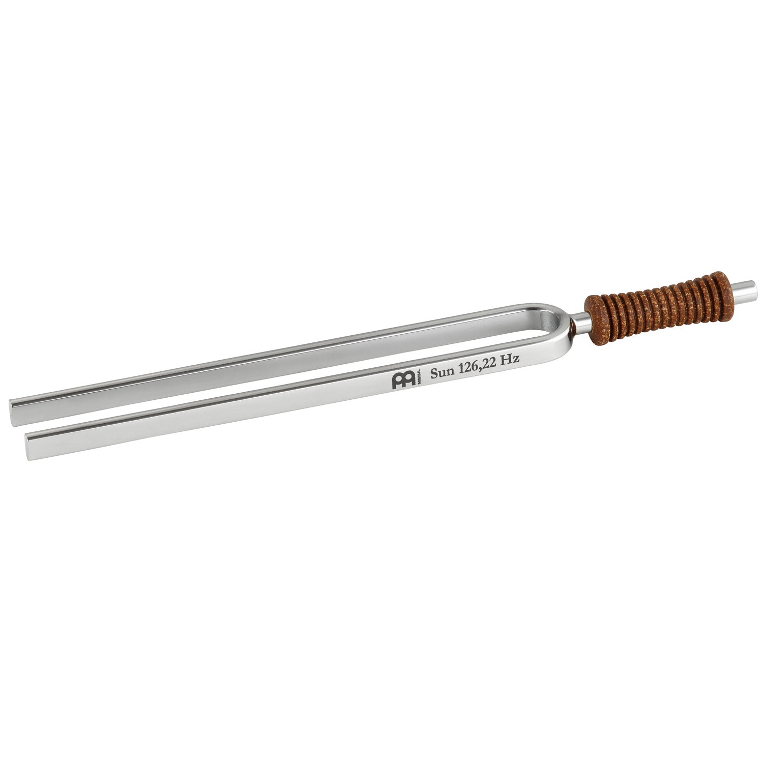 Single metal tuning fork with cork handle engraved Sun 126.22 Hz shown on a white background. — for Carpe Diem Dream