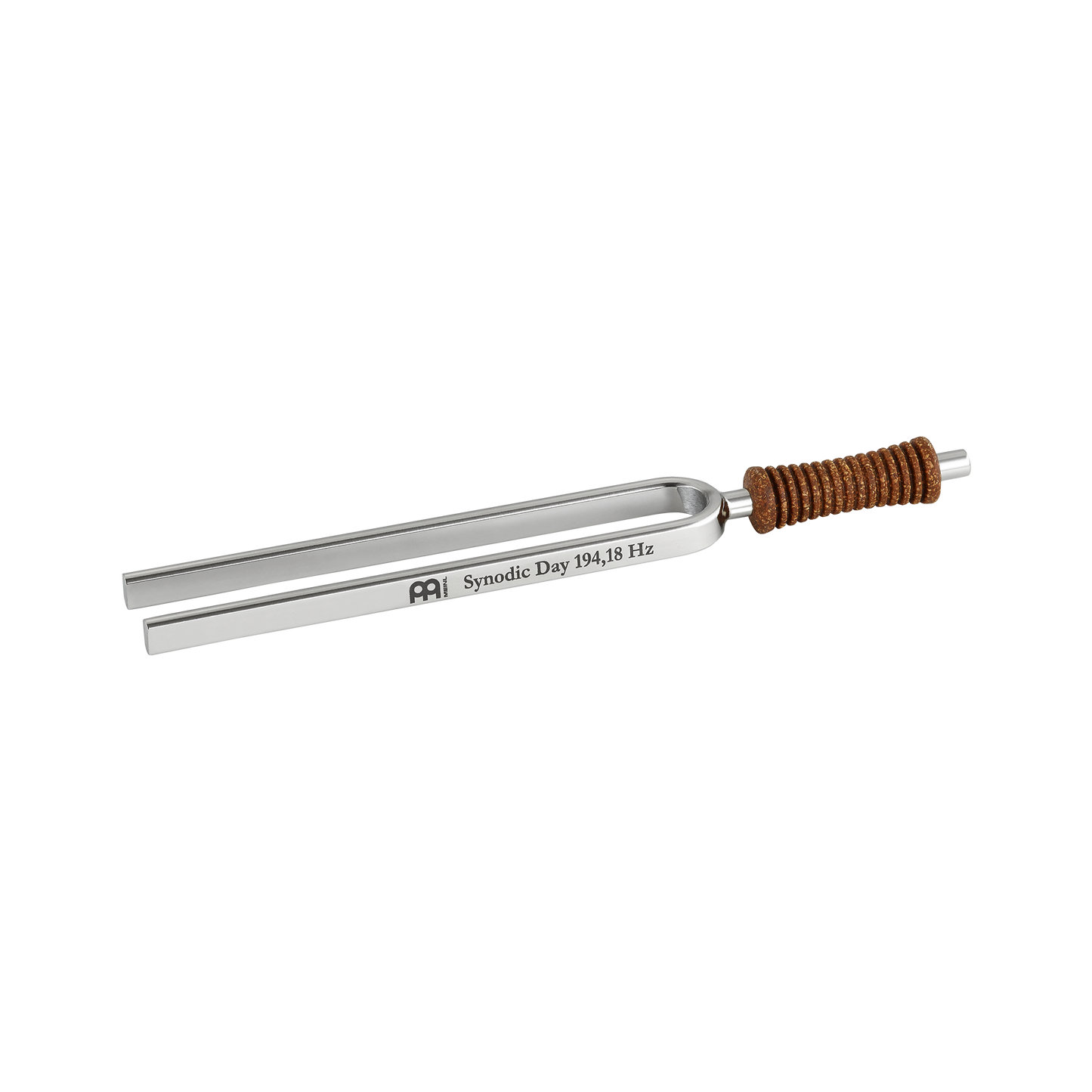 Single metal tuning fork with cork handle engraved Synodic Day 194.18 Hz shown on a white background. — for Carpe Diem Dream