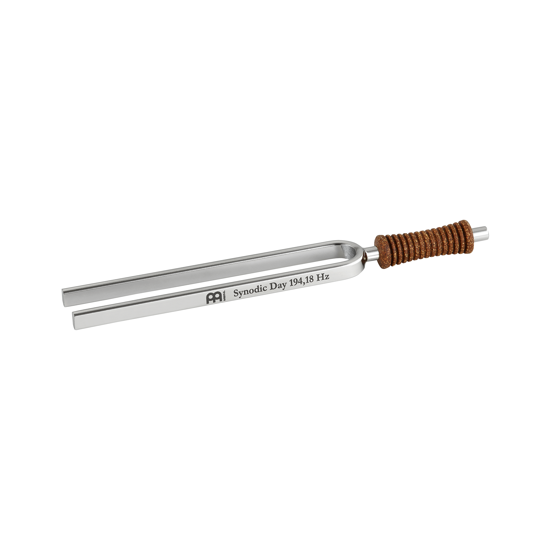 Single metal tuning fork with cork handle engraved Synodic Day 194.18 Hz shown on a white background. — for Carpe Diem Dream