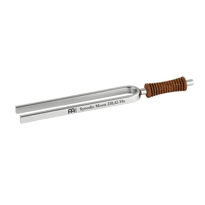 Single metal tuning fork with cork handle engraved Synodic Moon 210.42 Hz shown on a white background. — for Carpe Diem Dream