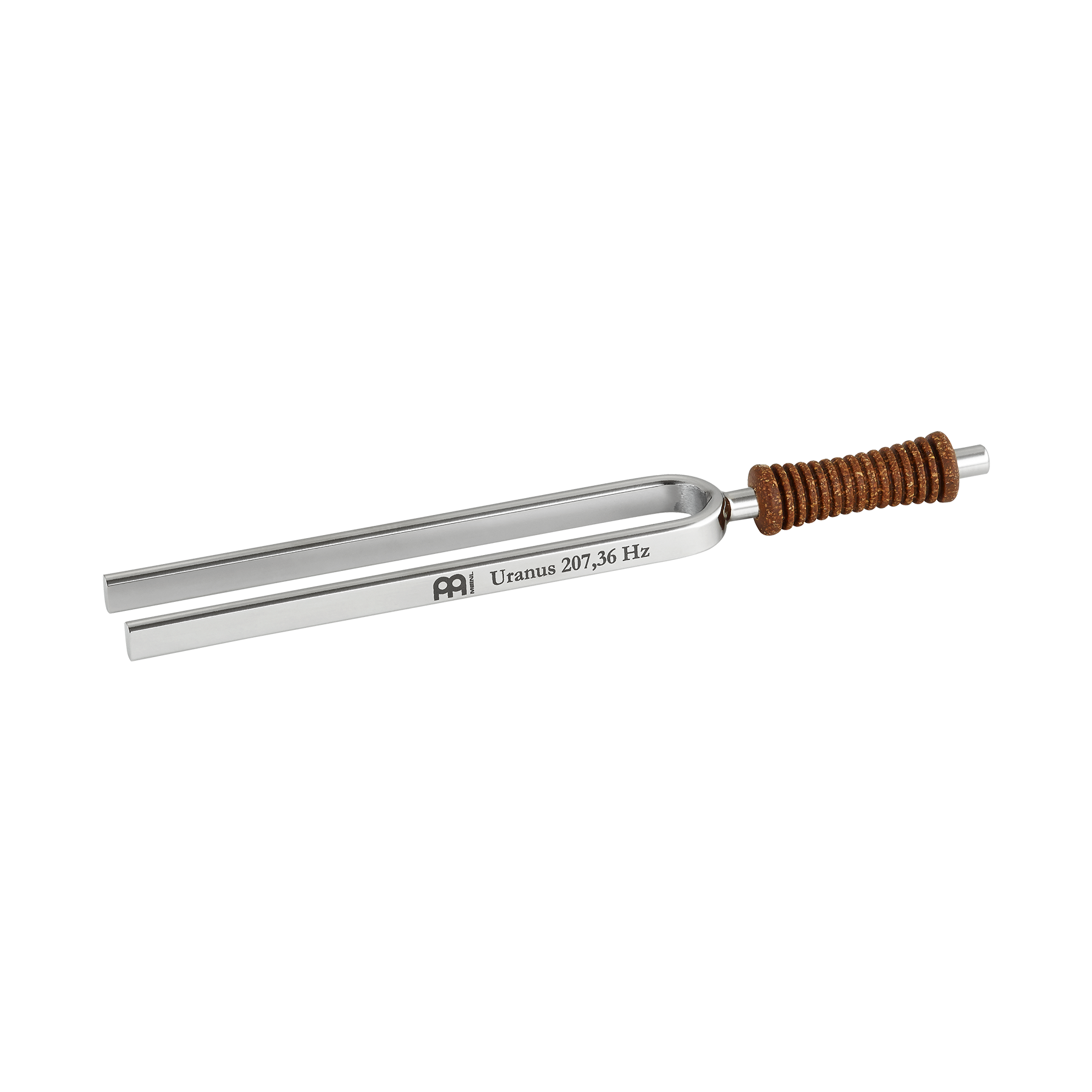 Single metal tuning fork with cork handle engraved Uranus 207.36 Hz shown on a white background. — for Carpe Diem Dream