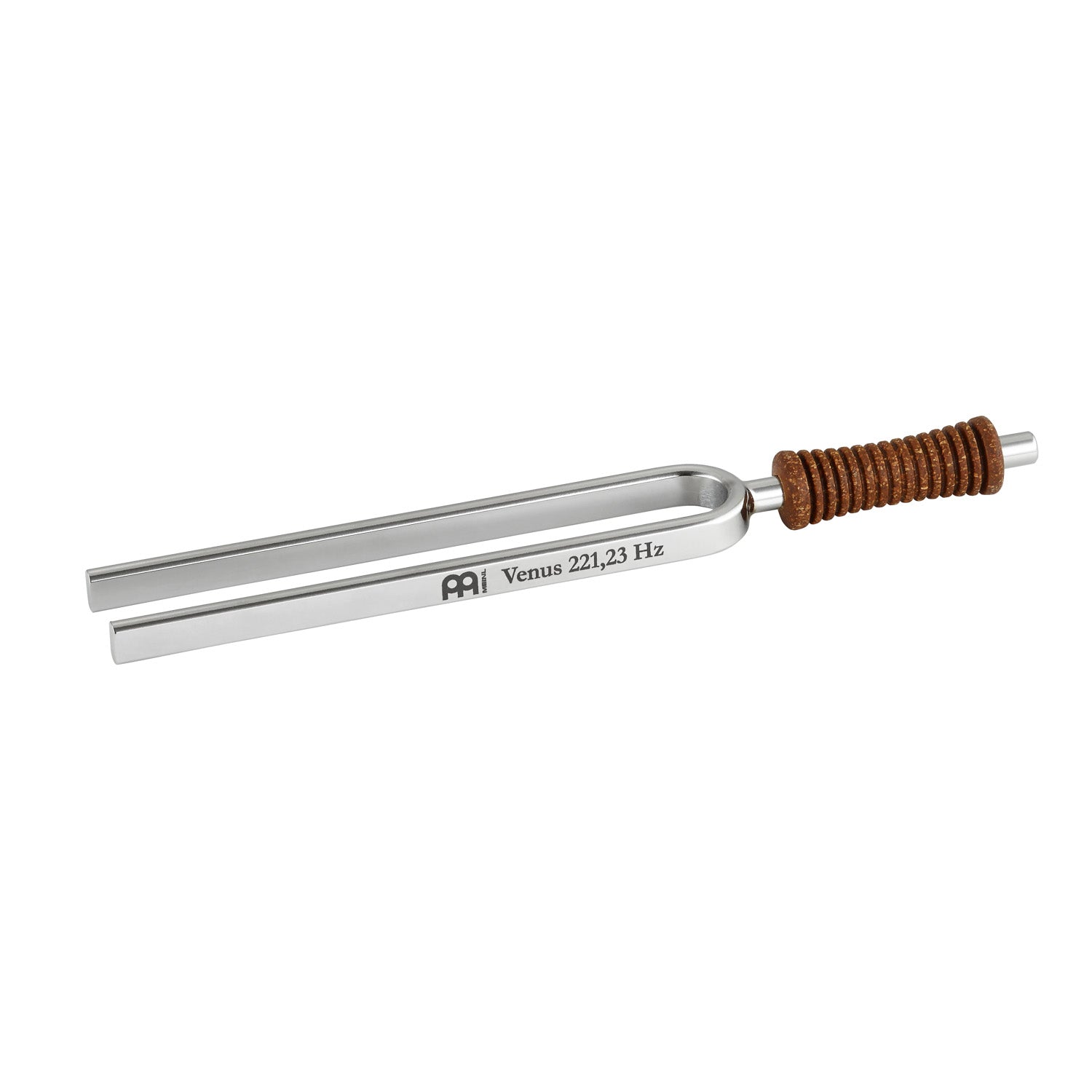 Single metal tuning fork with cork handle engraved Venus 221.23 Hz shown on a white background. — for Carpe Diem Dream