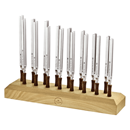 Sixteen metal tuning forks with cork handles arranged upright in a wooden display stand on a transparent background. — for Carpe Diem Dream