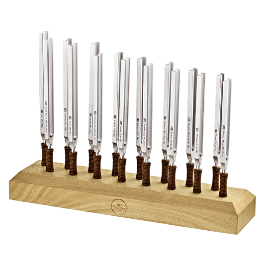 Sixteen metal tuning forks with cork handles arranged upright in a wooden display stand on a transparent background. — for Carpe Diem Dream