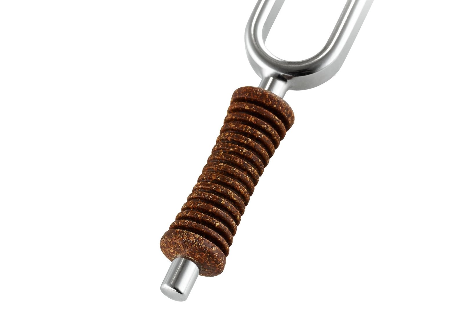 Close-up detail of cork handle and metal stem on planetary tuning fork shown on a white background. — for Carpe Diem Dream