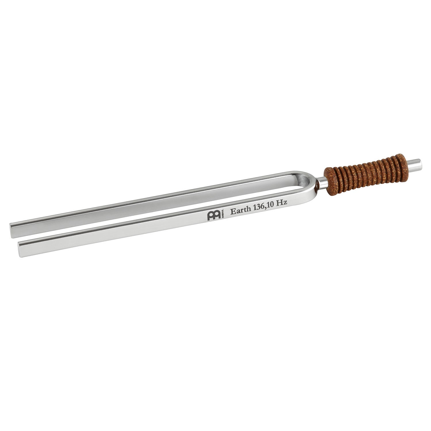 Single metal tuning fork with cork handle engraved Earth 136.10 Hz shown on a white background. — for Carpe Diem Dream