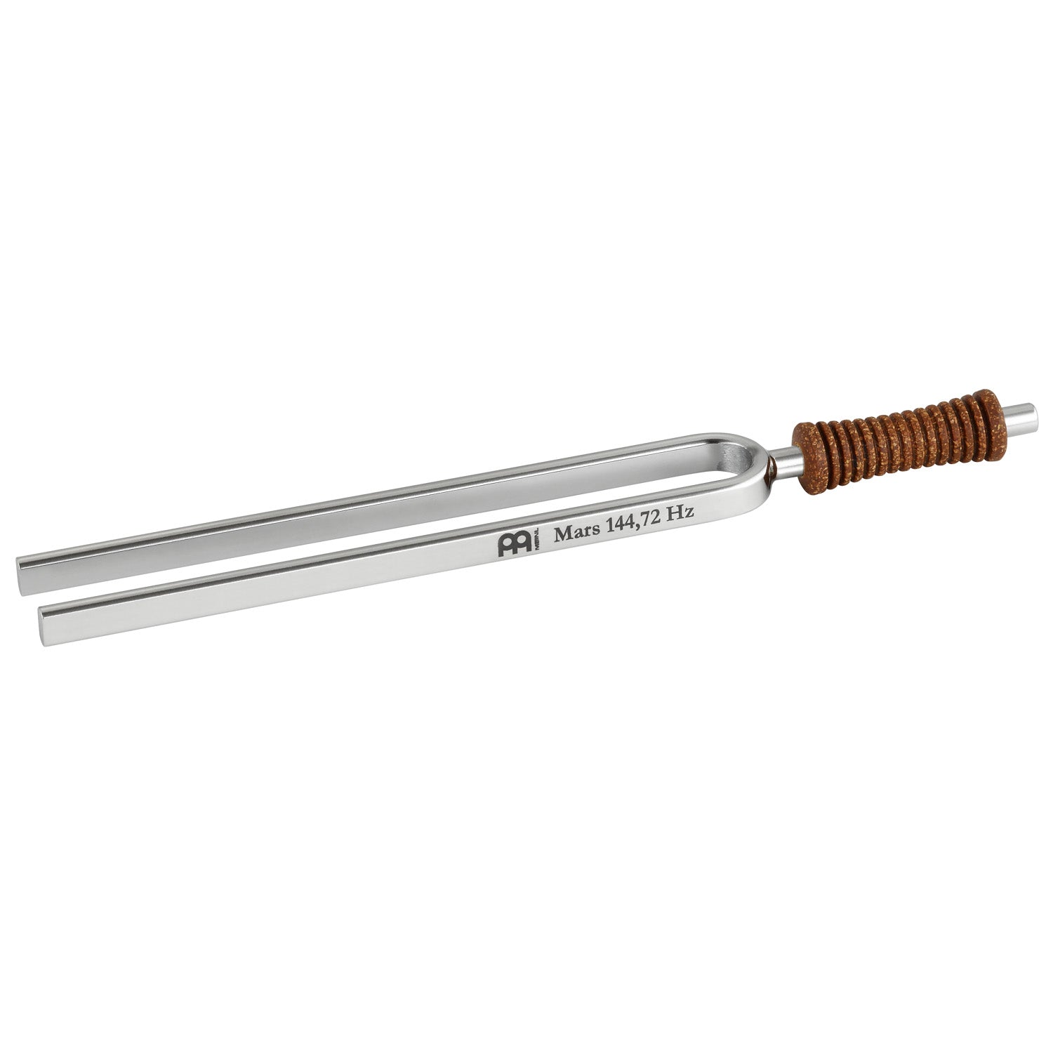 Single metal tuning fork with cork handle engraved Mars 144.72 Hz shown on a white background. — for Carpe Diem Dream