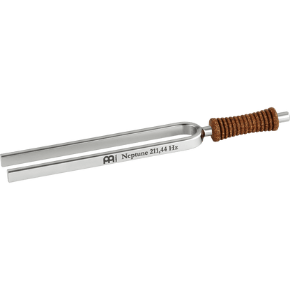 Single metal tuning fork with cork handle engraved Neptune 211.44 Hz on a transparent background. — for Carpe Diem Dream