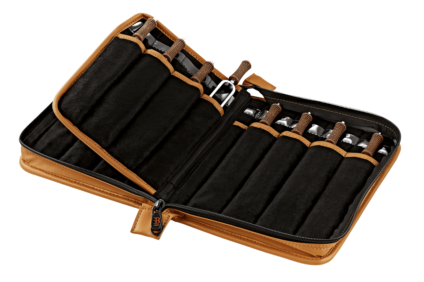 Open leatherette case containing sixteen planetary tuning forks with cork handles arranged in individual slots. — for Carpe Diem Dream