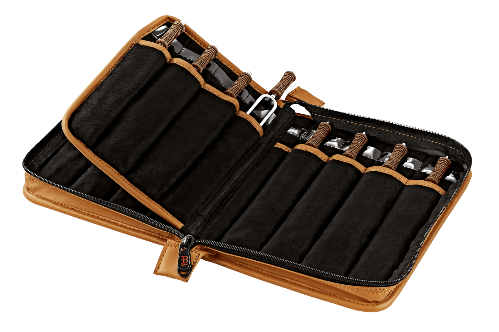 Open leatherette case containing sixteen planetary tuning forks with cork handles arranged in individual slots. — for Carpe Diem Dream