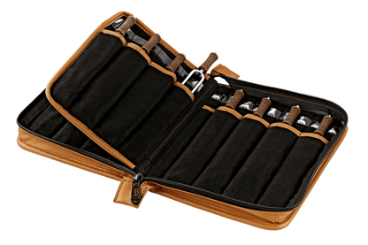Open leatherette case containing sixteen planetary tuning forks with cork handles arranged in individual slots. — for Carpe Diem Dream