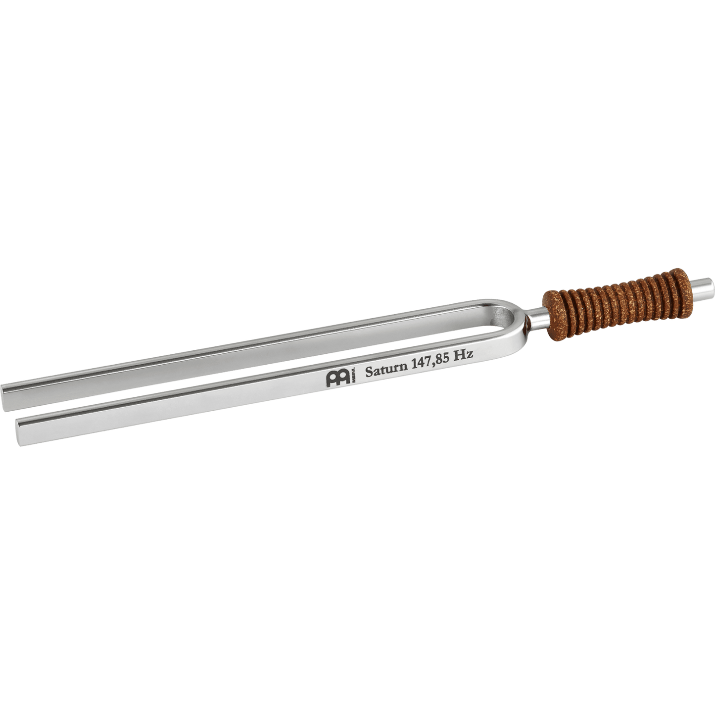Single metal tuning fork with cork handle engraved Saturn 147.85 Hz shown on a transparent background. — for Carpe Diem Dream