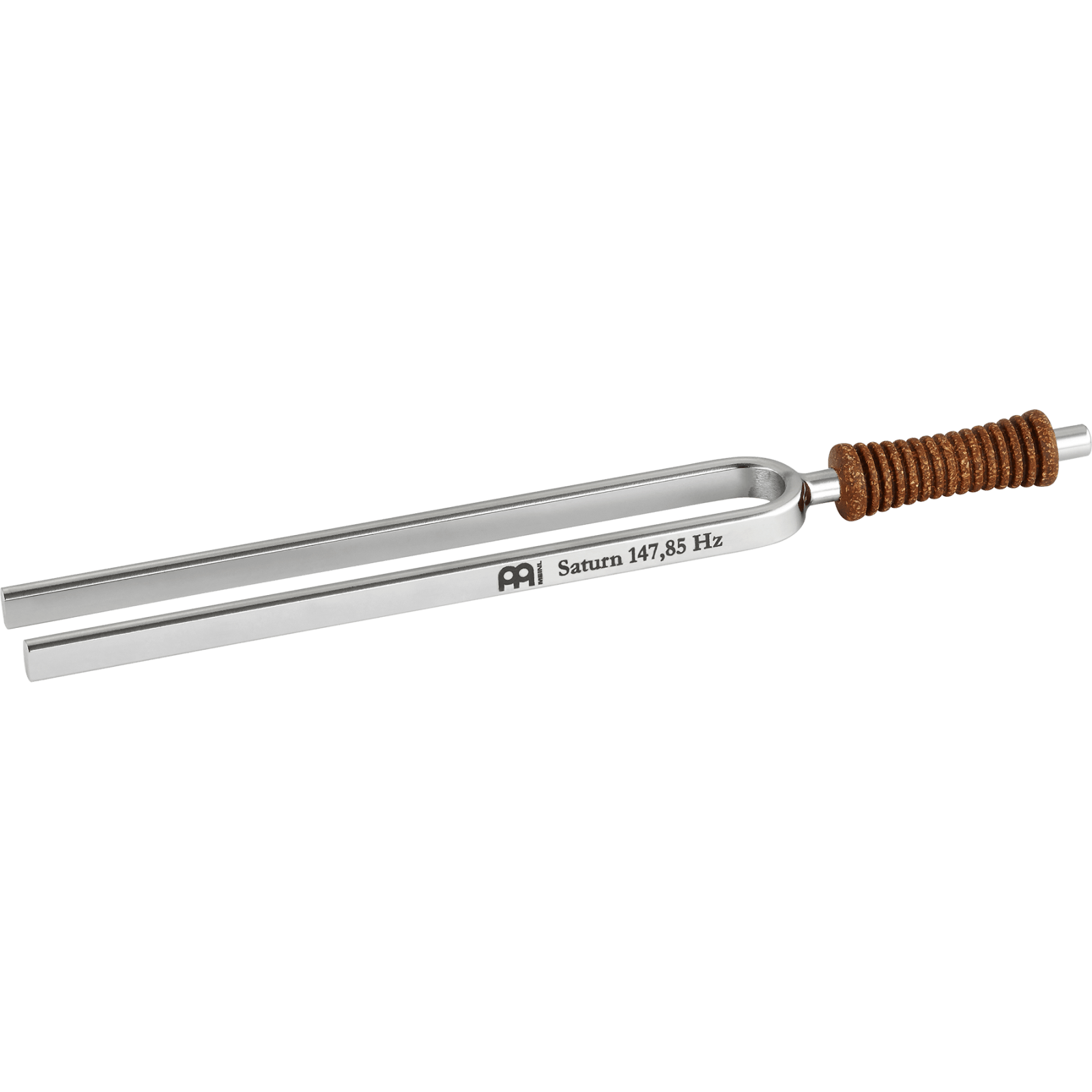 Single metal tuning fork with cork handle engraved Saturn 147.85 Hz shown on a transparent background. — for Carpe Diem Dream