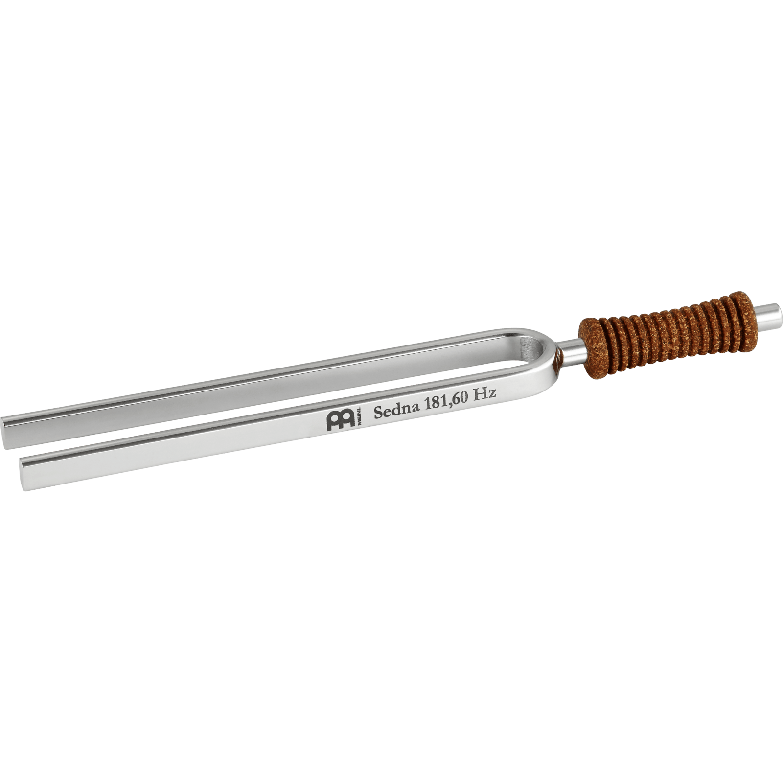 Single metal tuning fork with cork handle engraved Sedna 181.60 Hz shown on a transparent background. — for Carpe Diem Dream