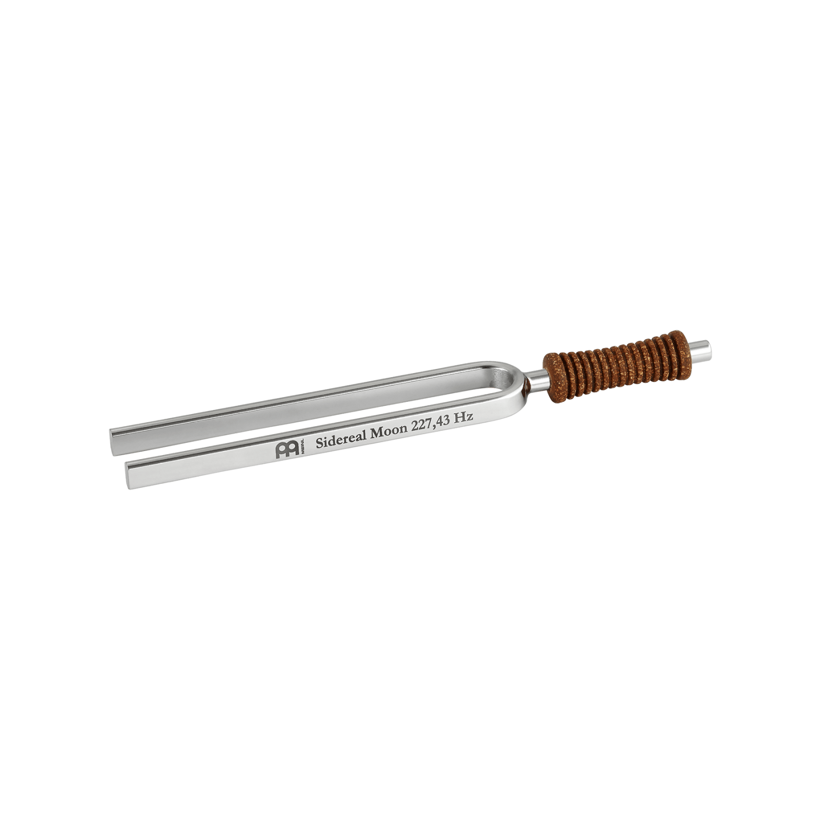 Single metal tuning fork with cork handle engraved Sidereal Moon 227.43 Hz on a transparent background. — for Carpe Diem Dream