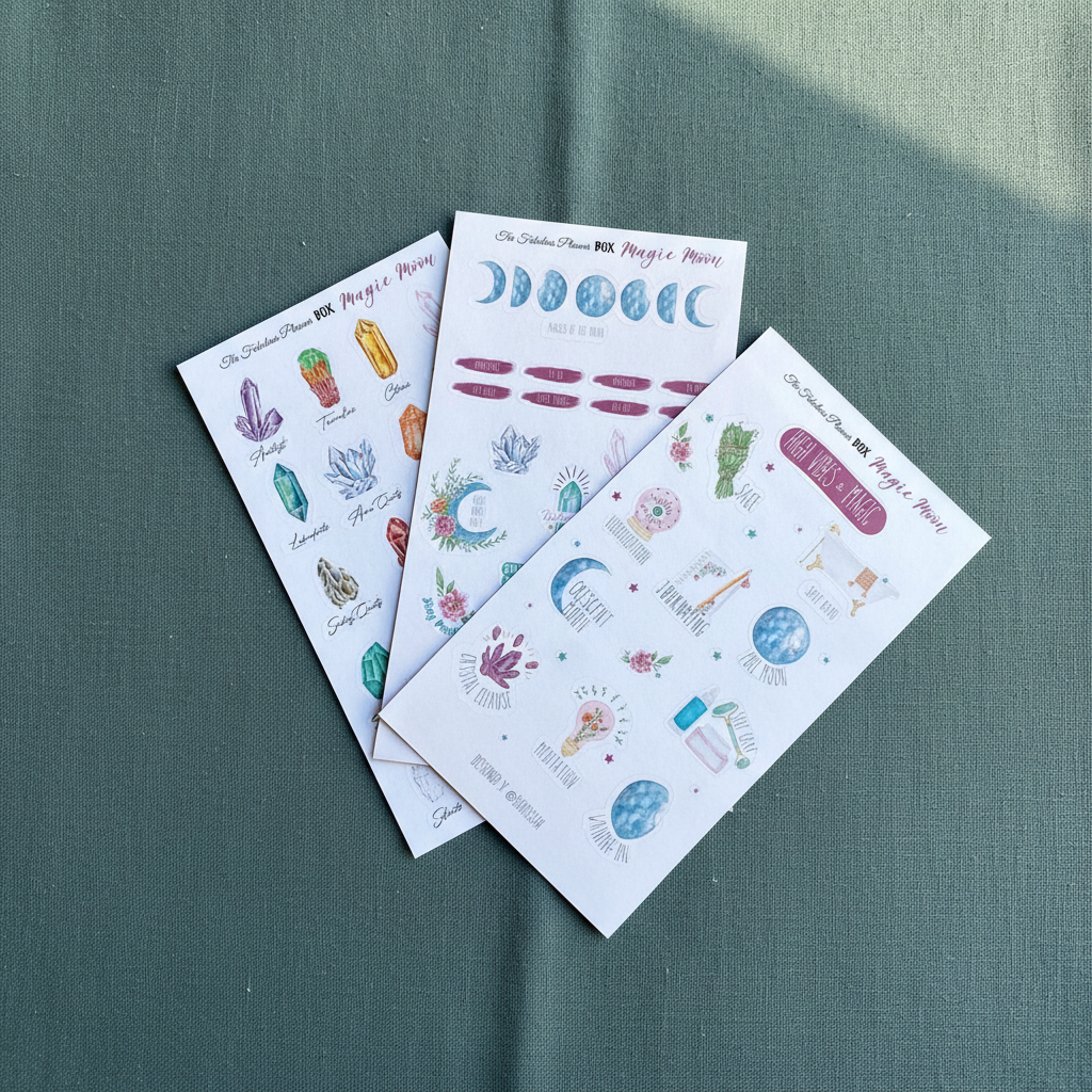 Three 4x6 inch Magic Moon planner sticker sheets featuring moon phases, crystals, and celestial illustrations arranged on a muted green textured background — for Carpe Diem Dream